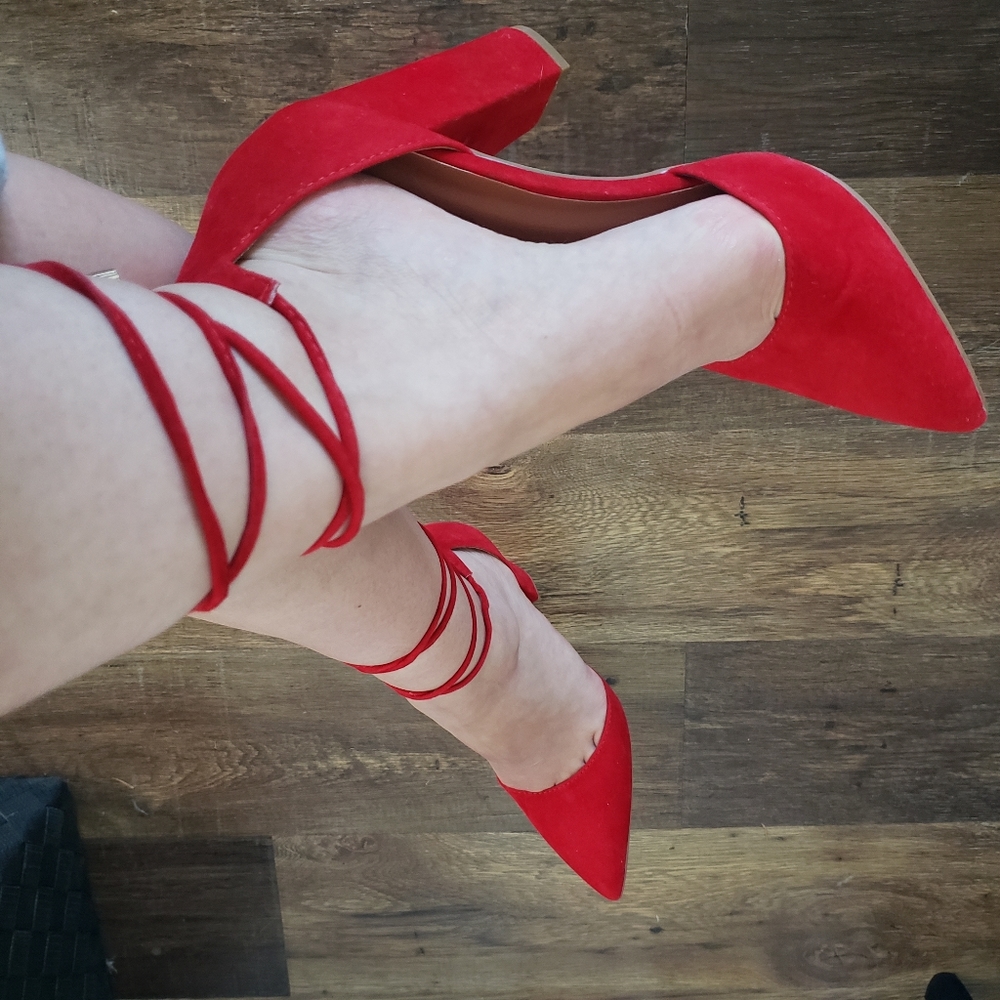 Red lace up block heels